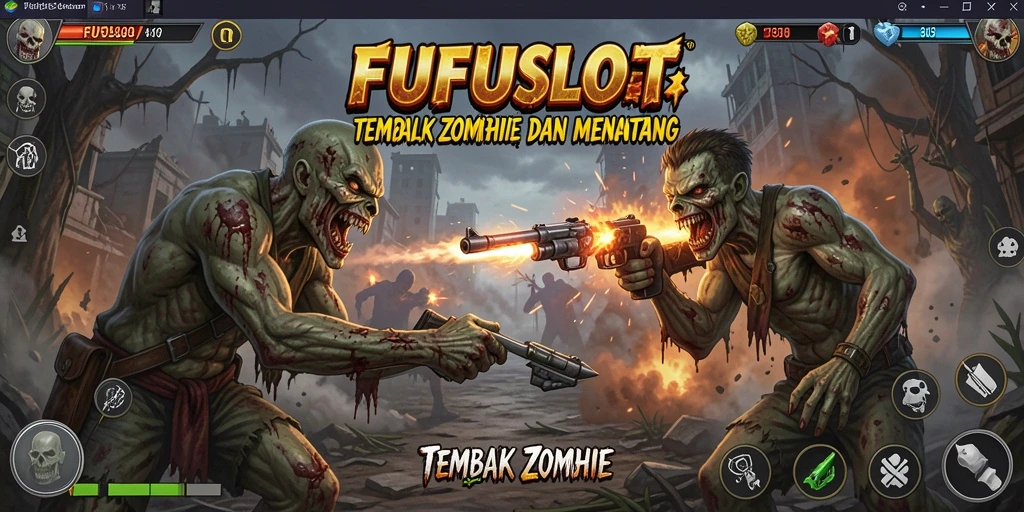 Tampilan antarmuka FUFUSLOT saat menembak zombie yang mengerikan.