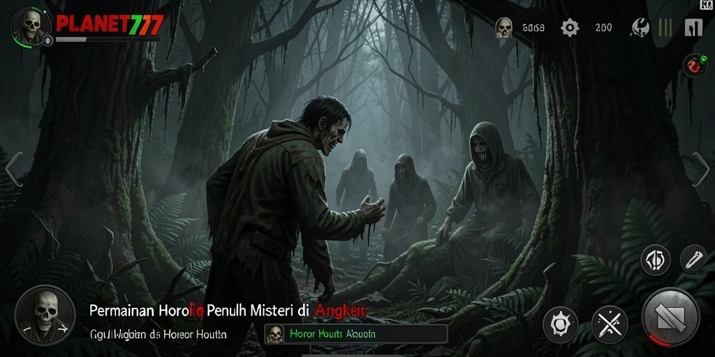 Tampilan menyeramkan dari hutan di dalam PLANET77 dengan elemen horor yang kuat.